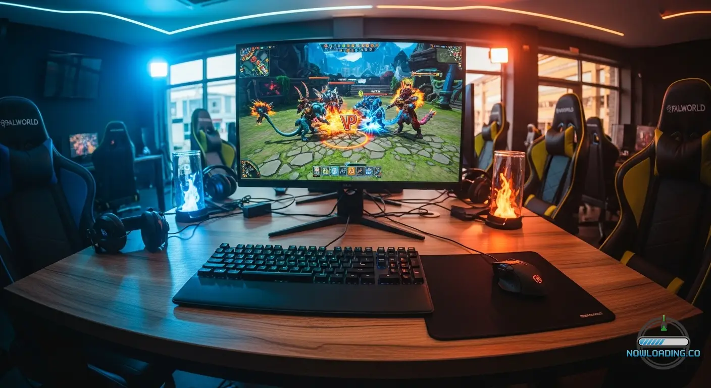 Gaming desk setup for competitive creature-battle arena play