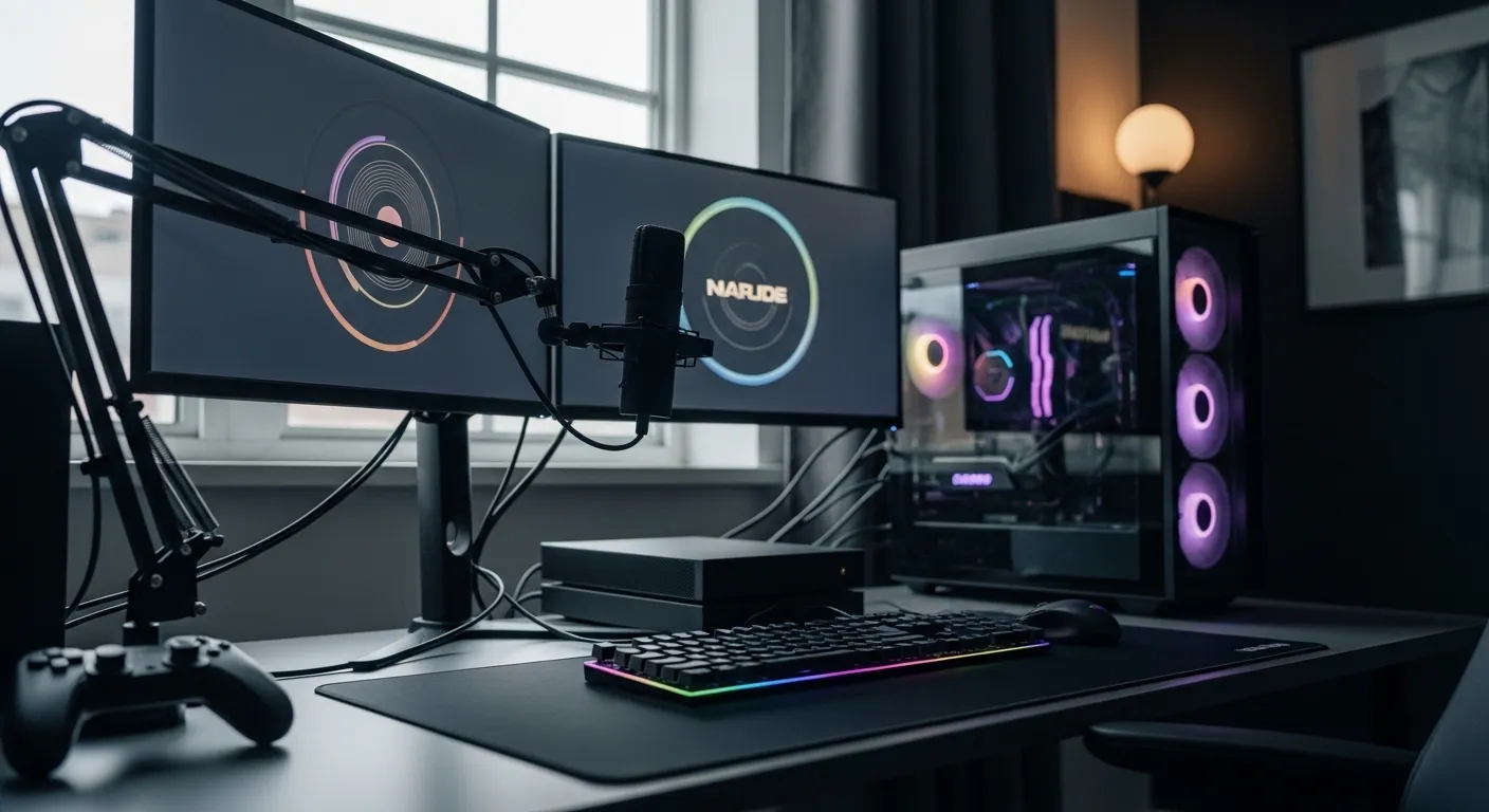Gaming desk with AI-powered PC and streamer setup