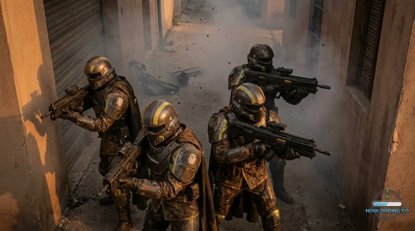 Helldivers holding separate firing lanes in a dense city street