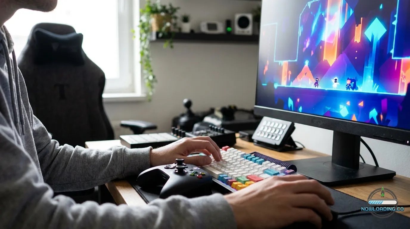 Indie gamer testing multiple game demos on a desktop setup