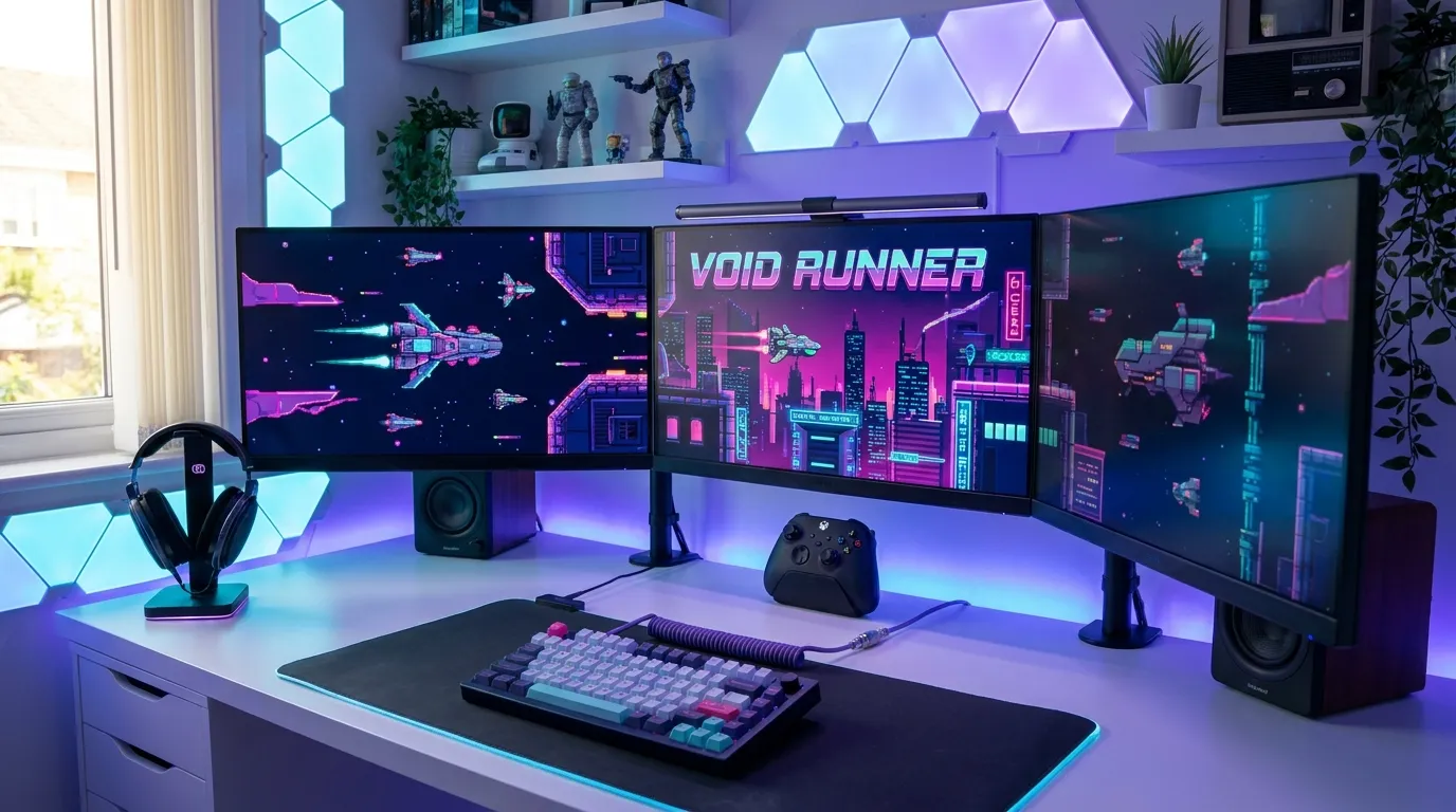 Indie sci-fi game setup with neon monitor glow and cozy desk