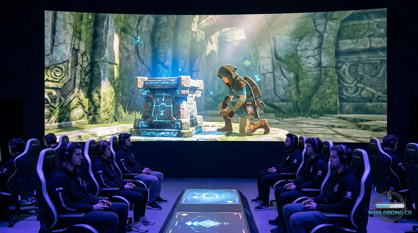 Link-like fantasy adventurer solving an ancient stone puzzle chamber with glowing blue energy, mossy walls, reflective floor, natural cave light mixing with shrine glow, realistic textures, no text