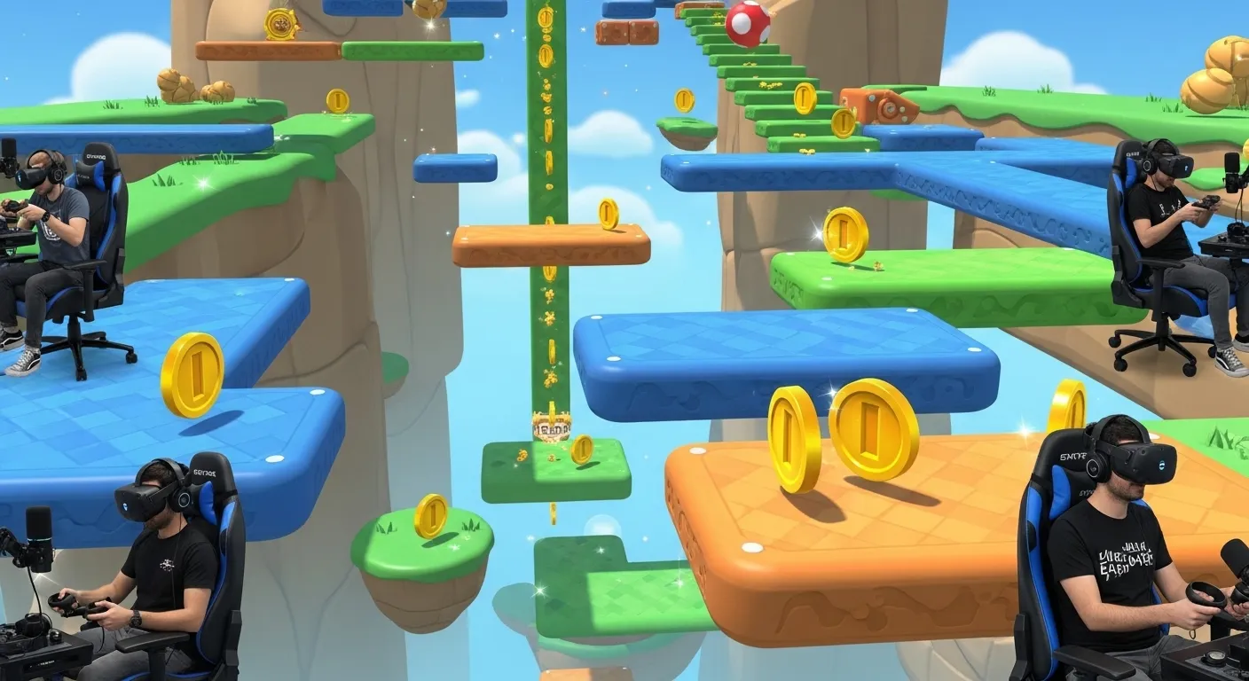 Mario-style 3D platforming puzzle scene with floating platforms, hidden ledges, bright kingdom-inspired environment, natural depth, dynamic angle, no text