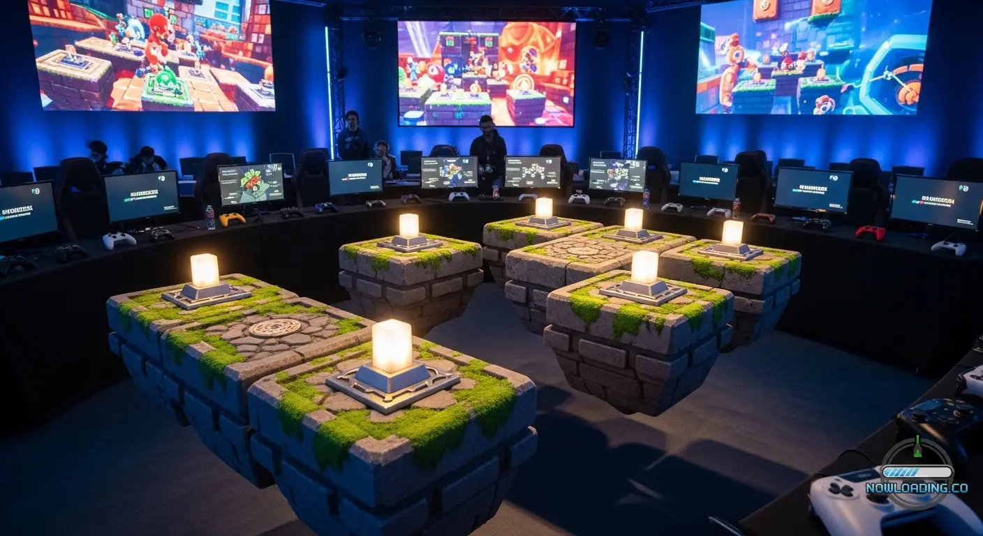 Mario-style platform puzzle challenge room with glowing switches and floating platforms