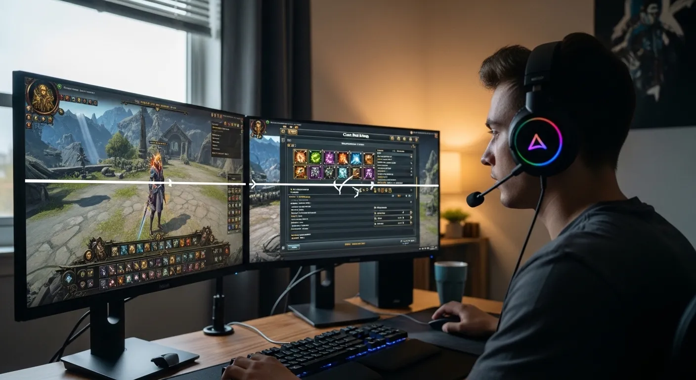 MMORPG player at a desk analyzing class builds on a dual monitor setup