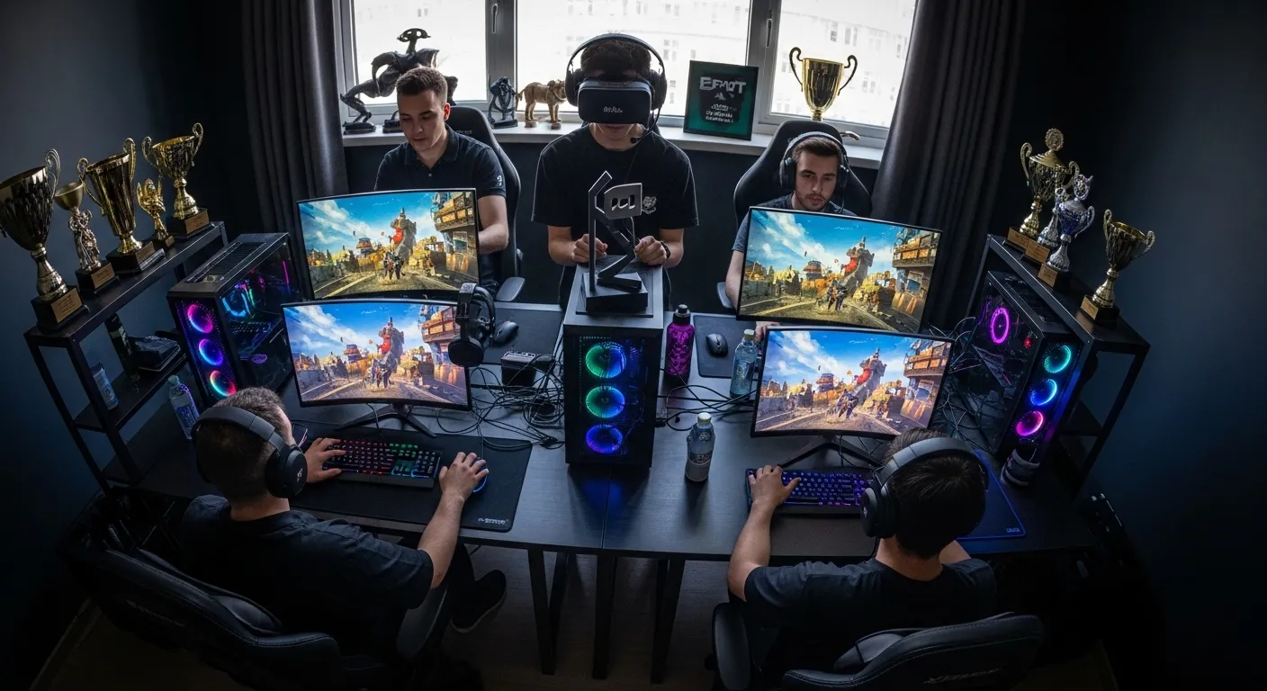 MMORPG players at gaming PCs reacting to a large fantasy battle on screen