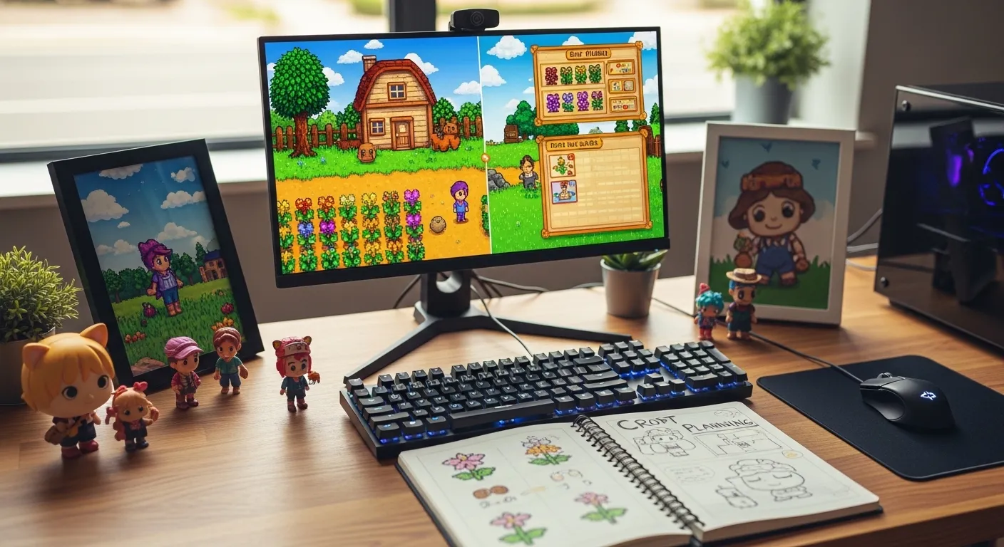 Organized Stardew-inspired farm desk setup