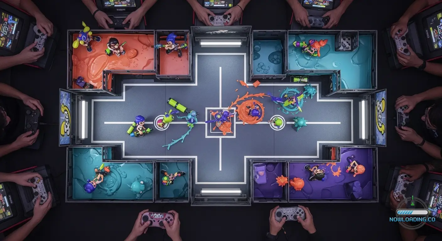 Overhead view of a colorful competitive arena with clear lanes, high ground, and contested center area