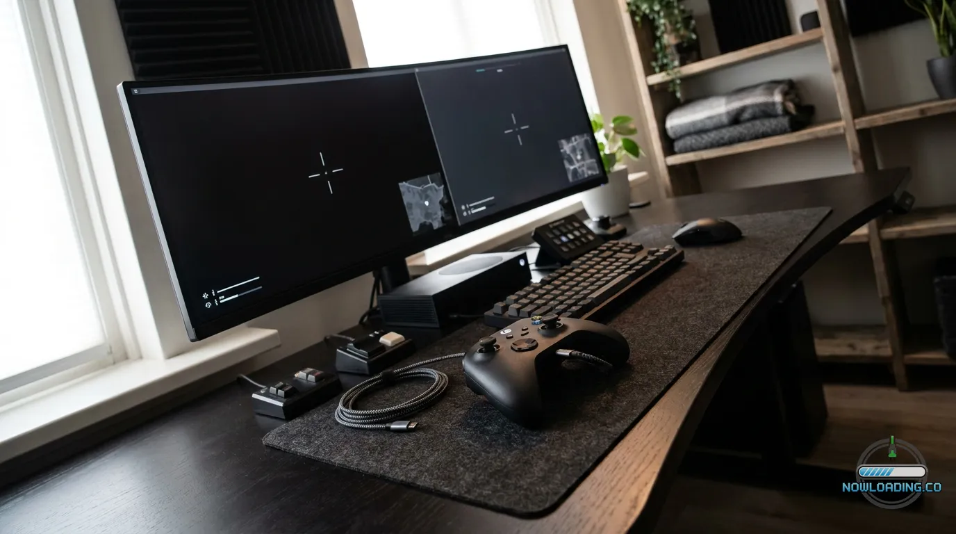 PC desk FPS setup with controller, monitor, and clean cable management