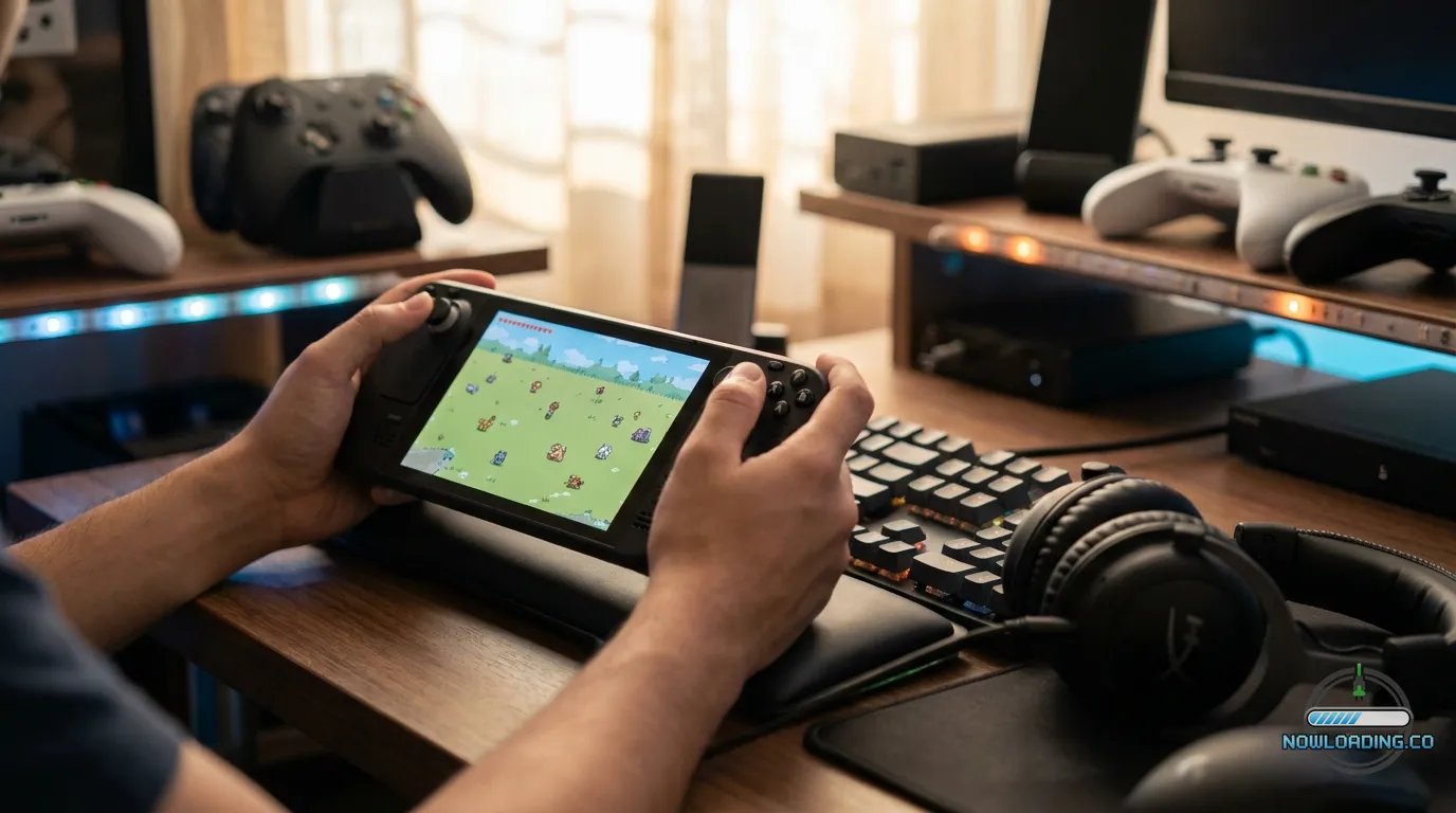 Player controlling a mass outbreak route in a bright grassy open area with clear sightlines, handheld console on a desk beside gaming headset, natural light, realistic textures, no text