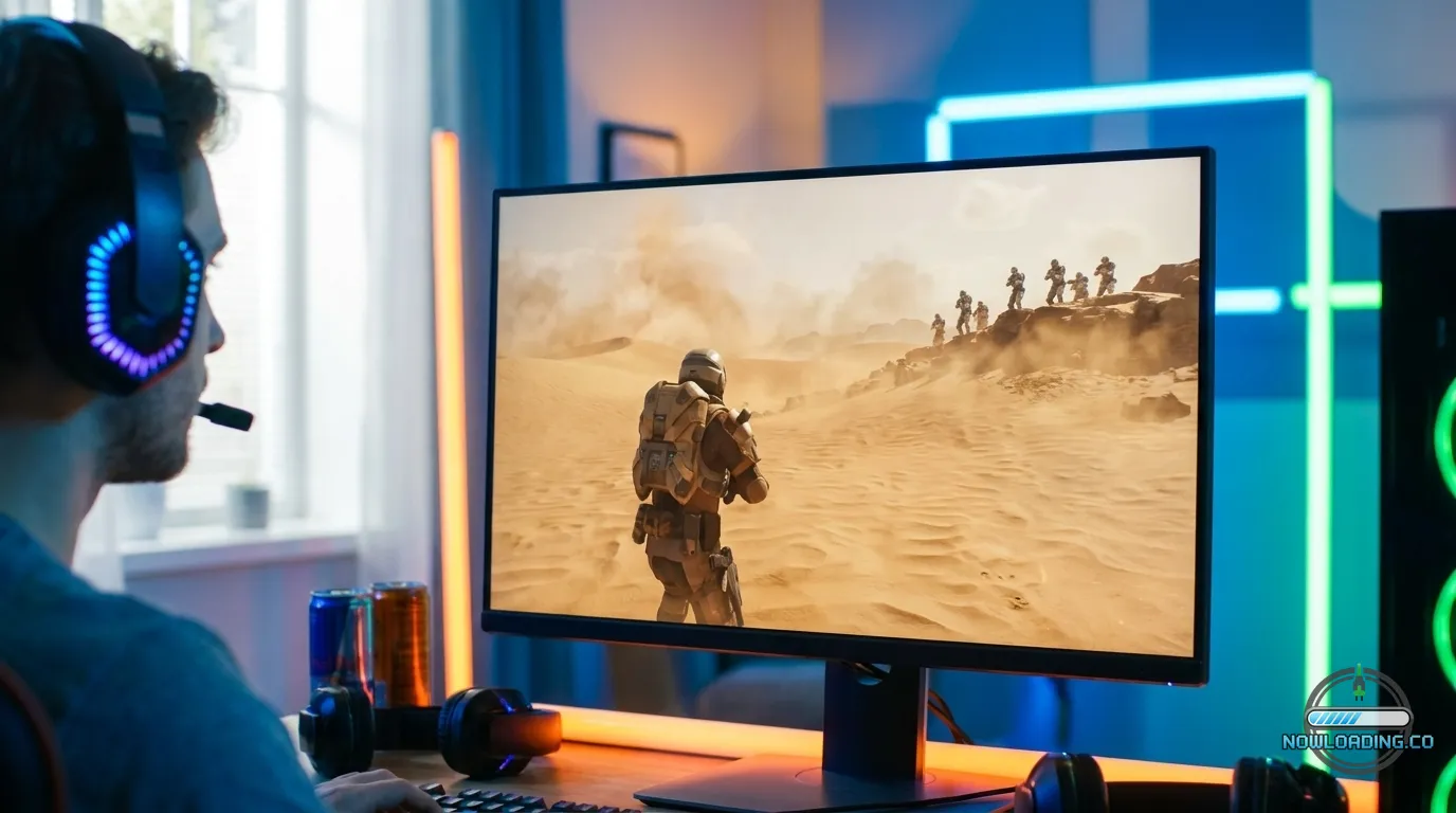 Player crossing a harsh desert while hostile patrol scans the horizon