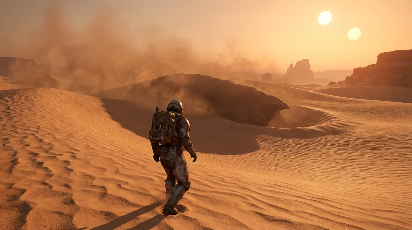Player crossing open desert avoiding sandworm paths