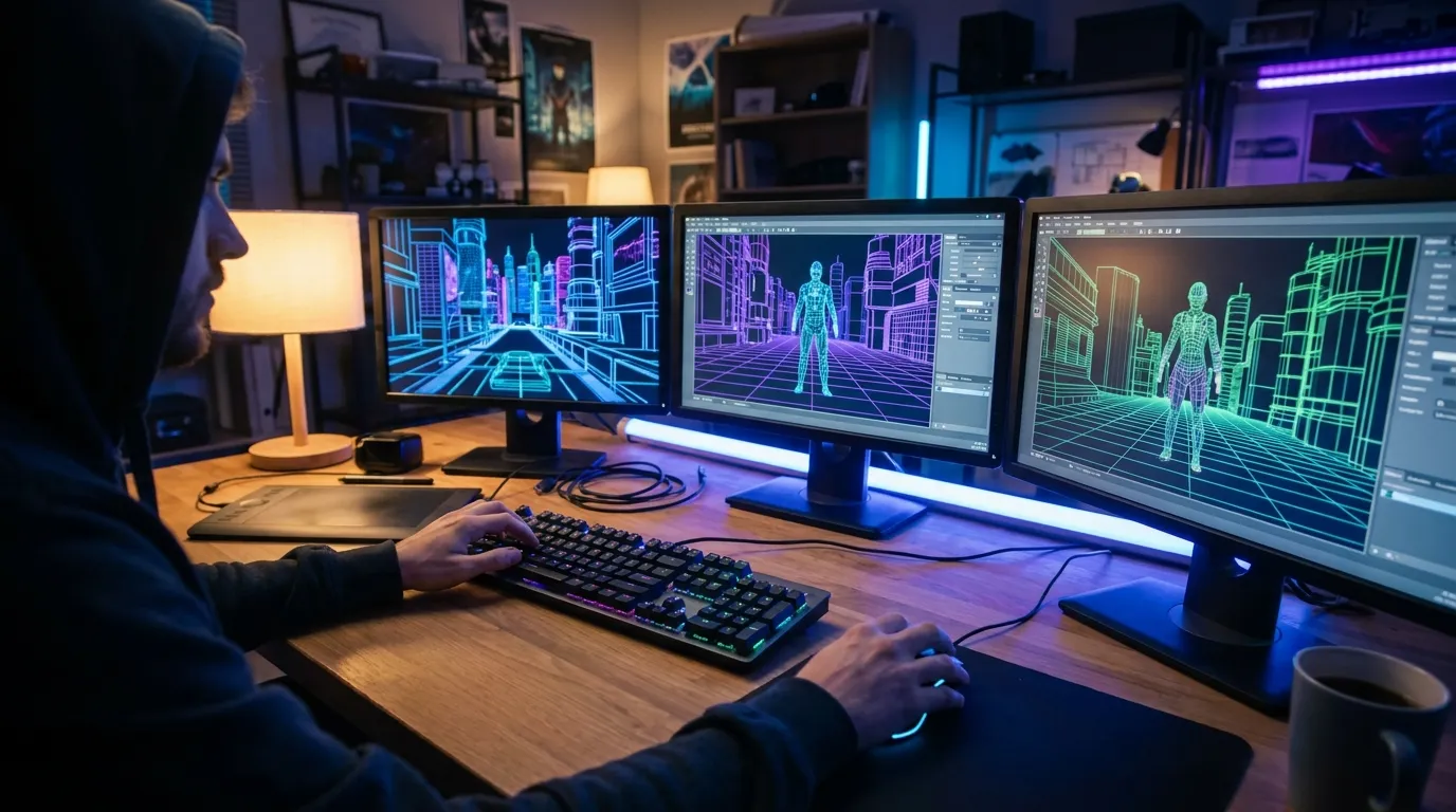 Player immersed in a moody sci-fi indie game at night