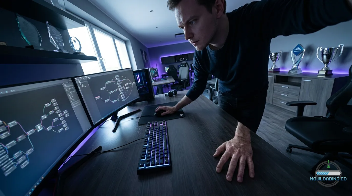 Player planning a science-focused strategy game tech tree on a dual-monitor gaming setup