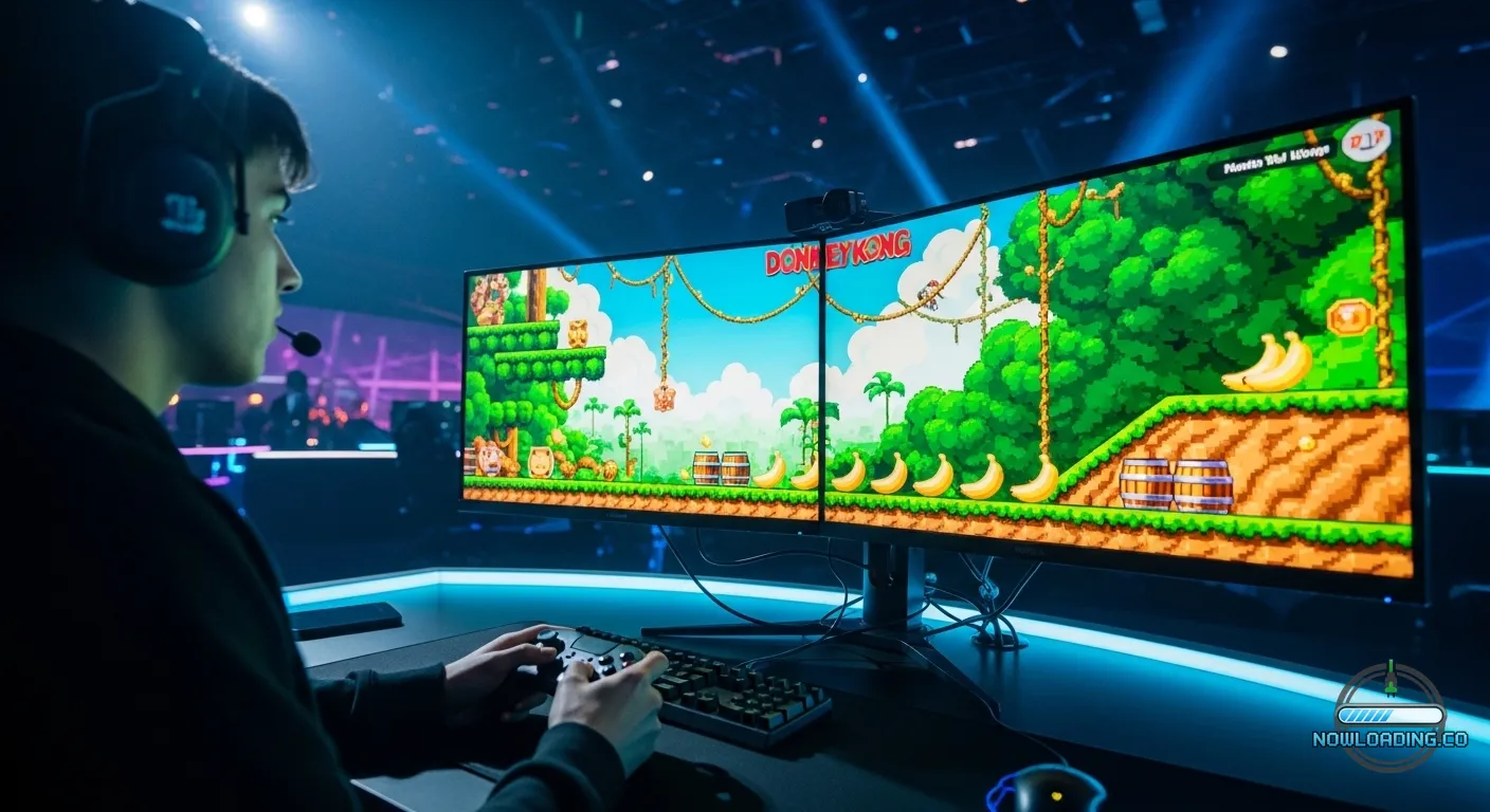 Player studying a colorful platforming level on a gaming setup
