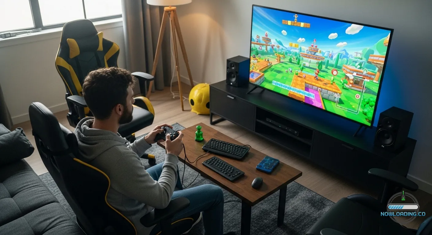 Player studying a colorful platforming puzzle room on a living room gaming setup