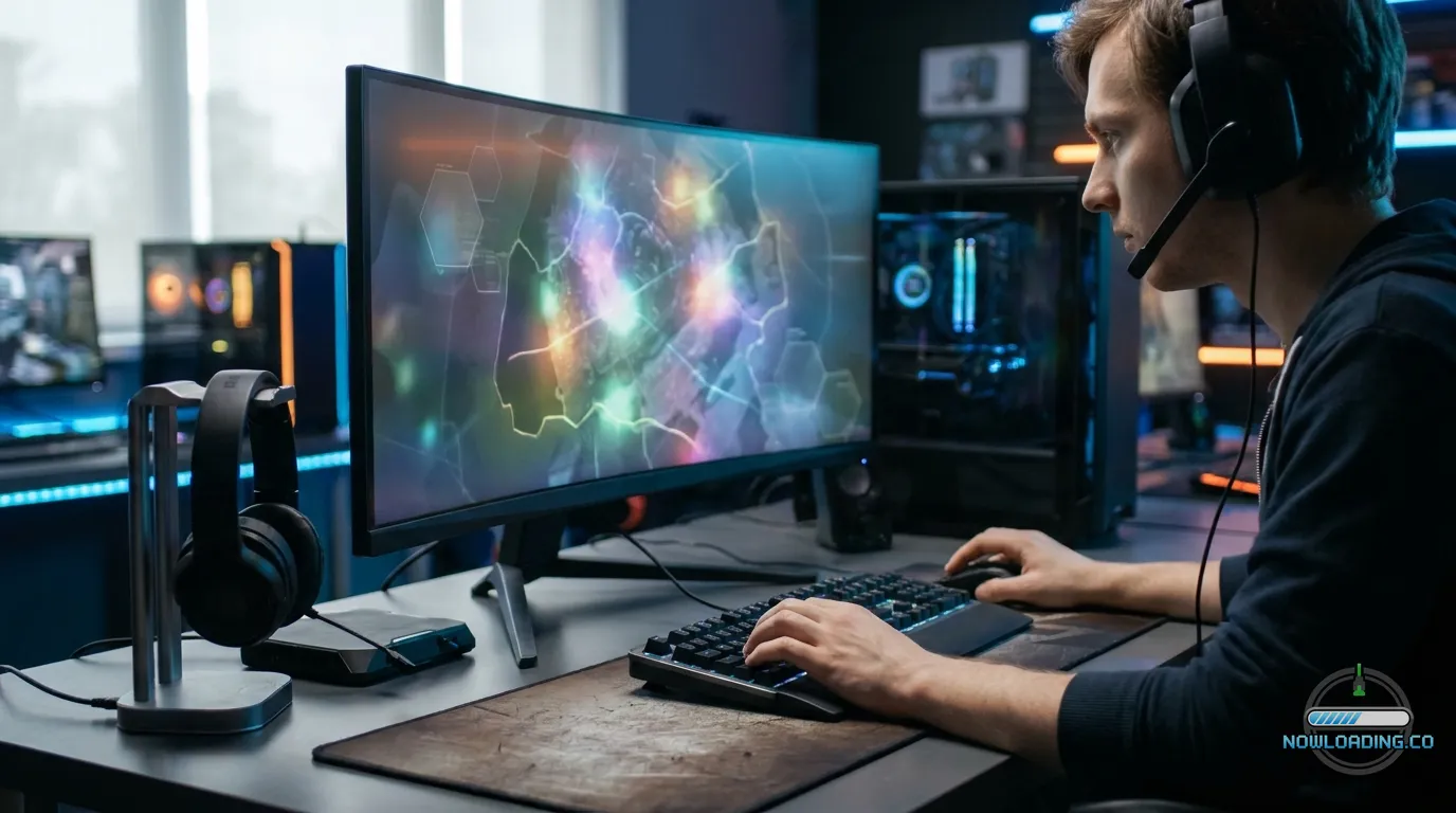 Player studying a complex strategy game setup on a widescreen monitor