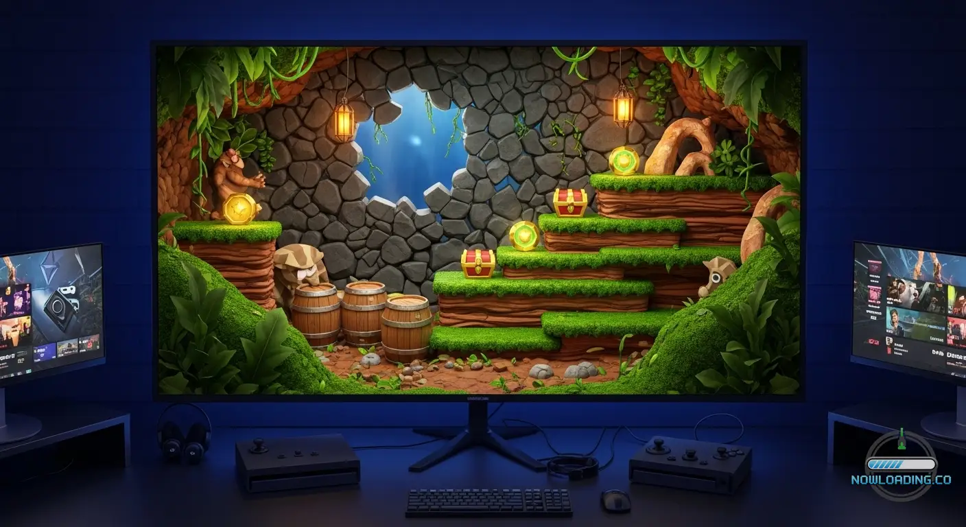Retro-inspired platform challenge room hidden behind a breakable jungle wall
