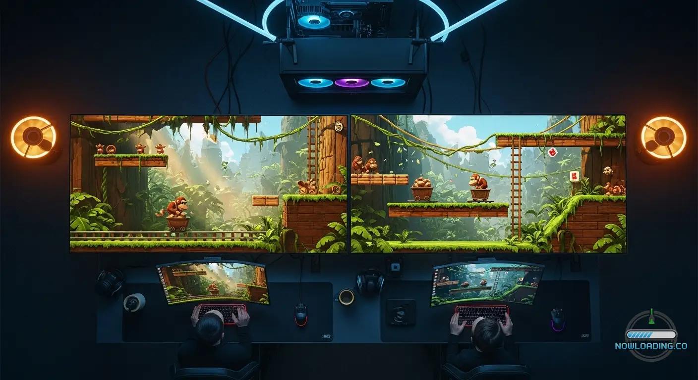 Side-scrolling jungle platforming scene