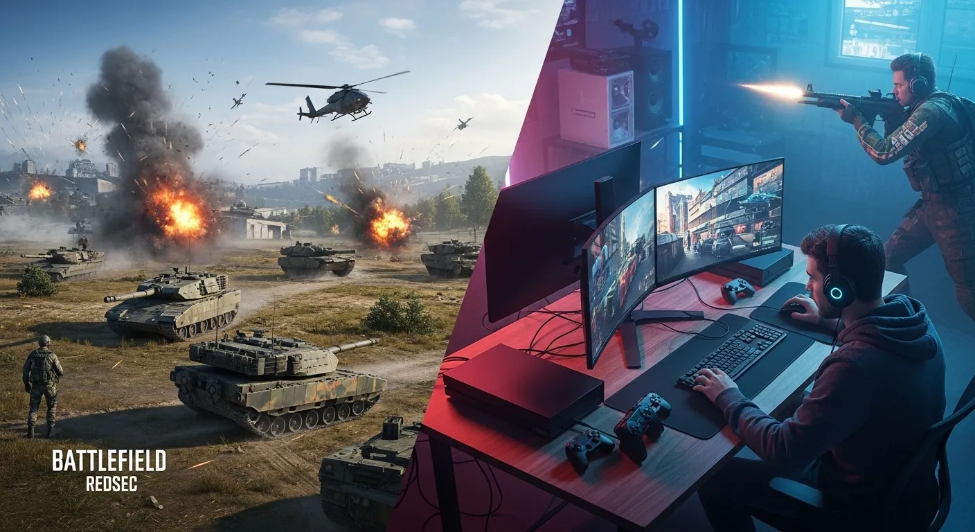 Split-screen esports style comparison of a modern military large-scale battlefield and a fast urban arena shooter setup, dramatic natural lighting, realistic textures, focused on action and gaming atmosphere, no text