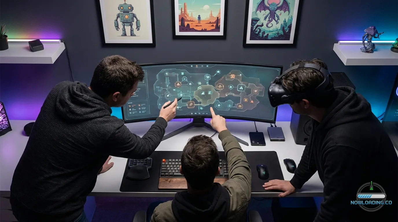 Squad planning extraction route in sci-fi survival game