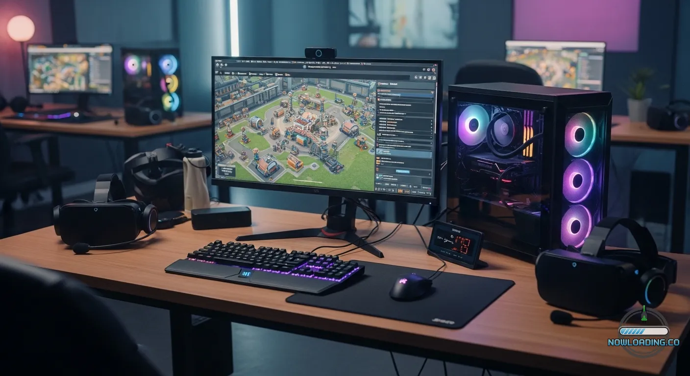 Strategy gamer monitoring a dense factory simulation on a curved monitor
