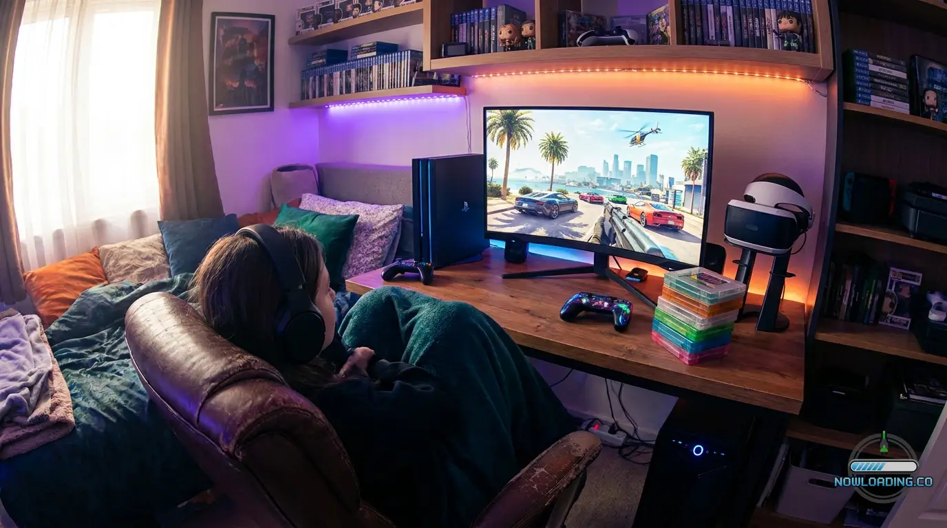 Streamer-friendly open-world gaming setup with console and ambient lighting