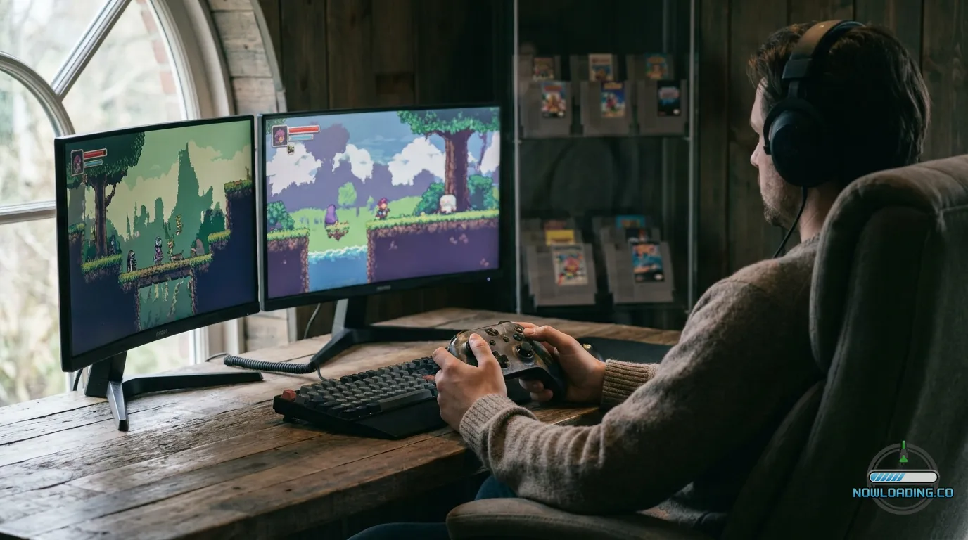 Streamer reacting to a colorful indie game during a live session