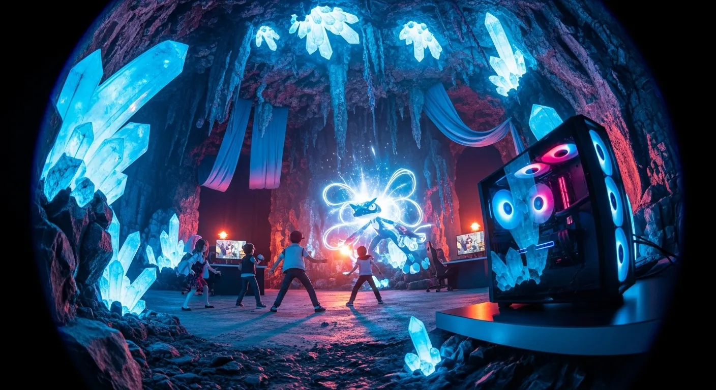 Tera Raid crystal battle scene with a Greninja-inspired creature and four trainers in a cavern, glowing shards, natural dramatic lighting, realistic textures, no text