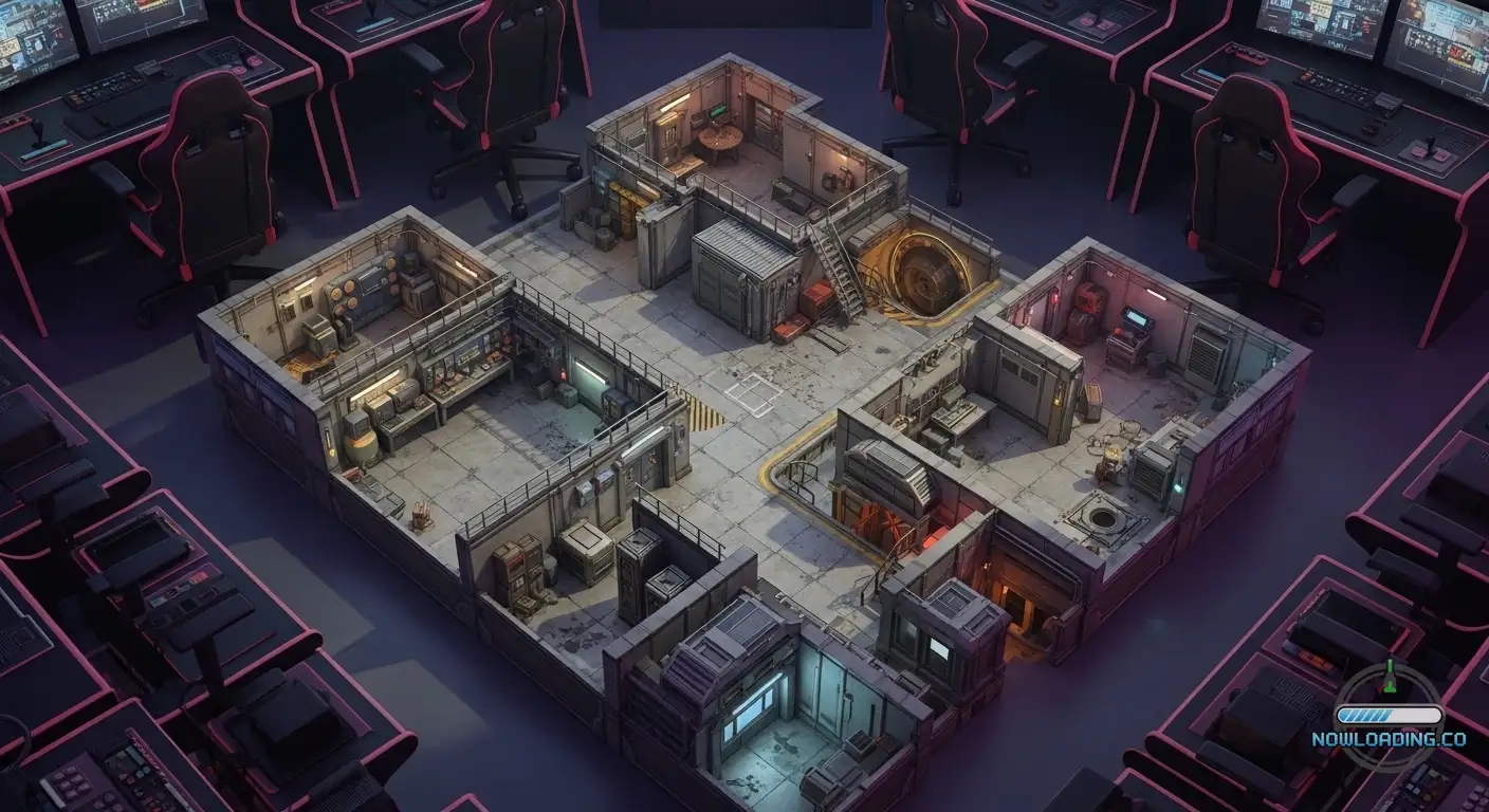 Top-down tactical view of a compact sci-fi industrial map with marked research buildings, workshop spaces, tunnels, and extraction hatches, moody natural lighting, realistic surfaces, no text