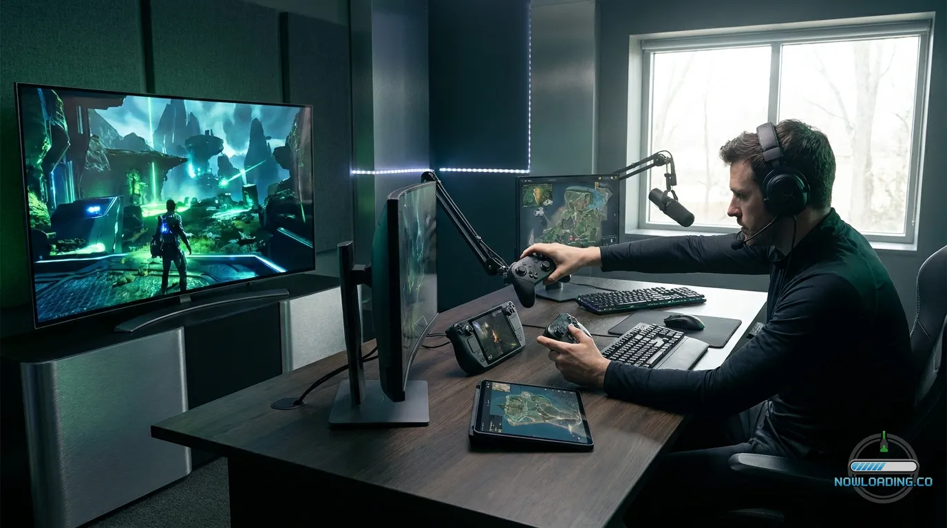 Xbox gamer switching between console, handheld, and cloud play