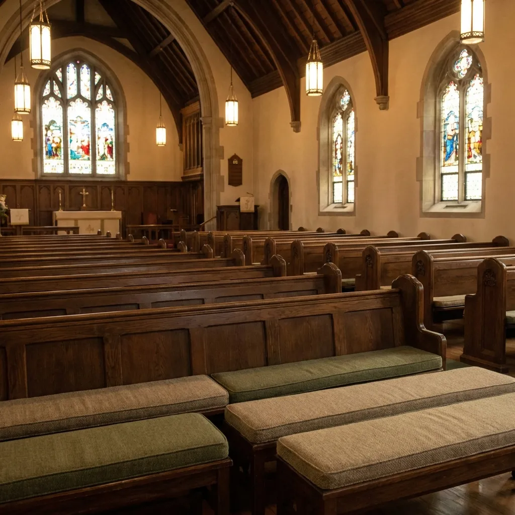 Wooden pews with sustainable fabrics