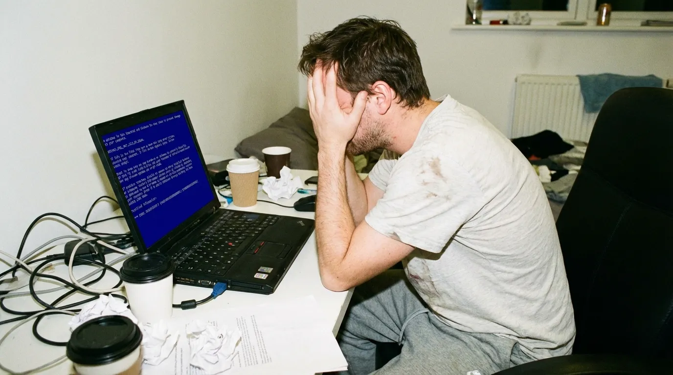 Erstelle ein Bild das einen frustrierten User vor einem Windows Laptop zeigt. 