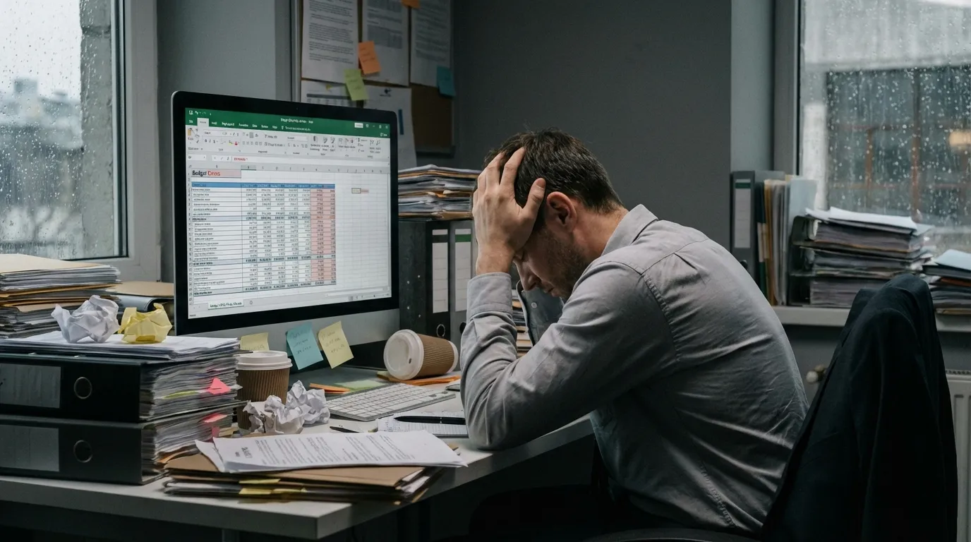 Ein frustrierter Büroangestellter sitzt vor einem Computer mit Excel geöffnet, umgeben von überquellenden Akten und Notizen. Das Licht ist gedämpft, der Raum wirkt chaotisch, die Farben sind gedämpft 