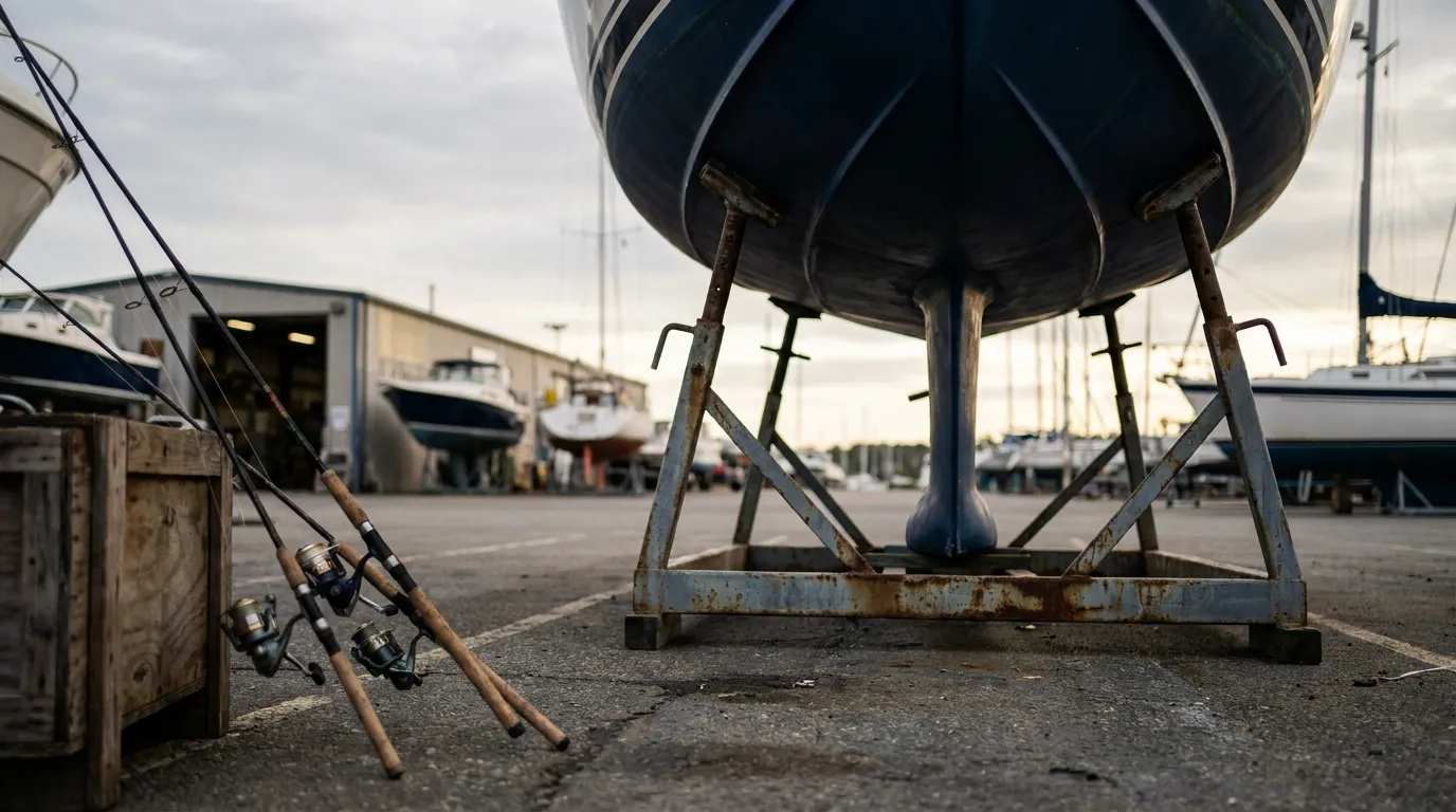 Adjustable marine boat stand supporting a boat hull in an outdoor yard