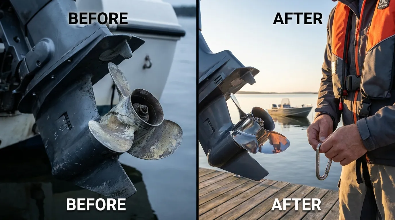 Adult boater fitting a life jacket on a dock beside a small fishing boat