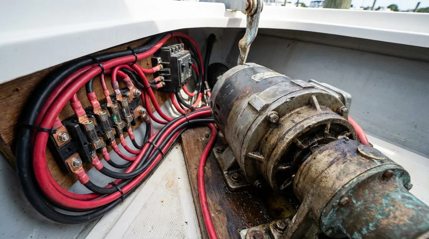 Anchor windlass electrical wiring close-up