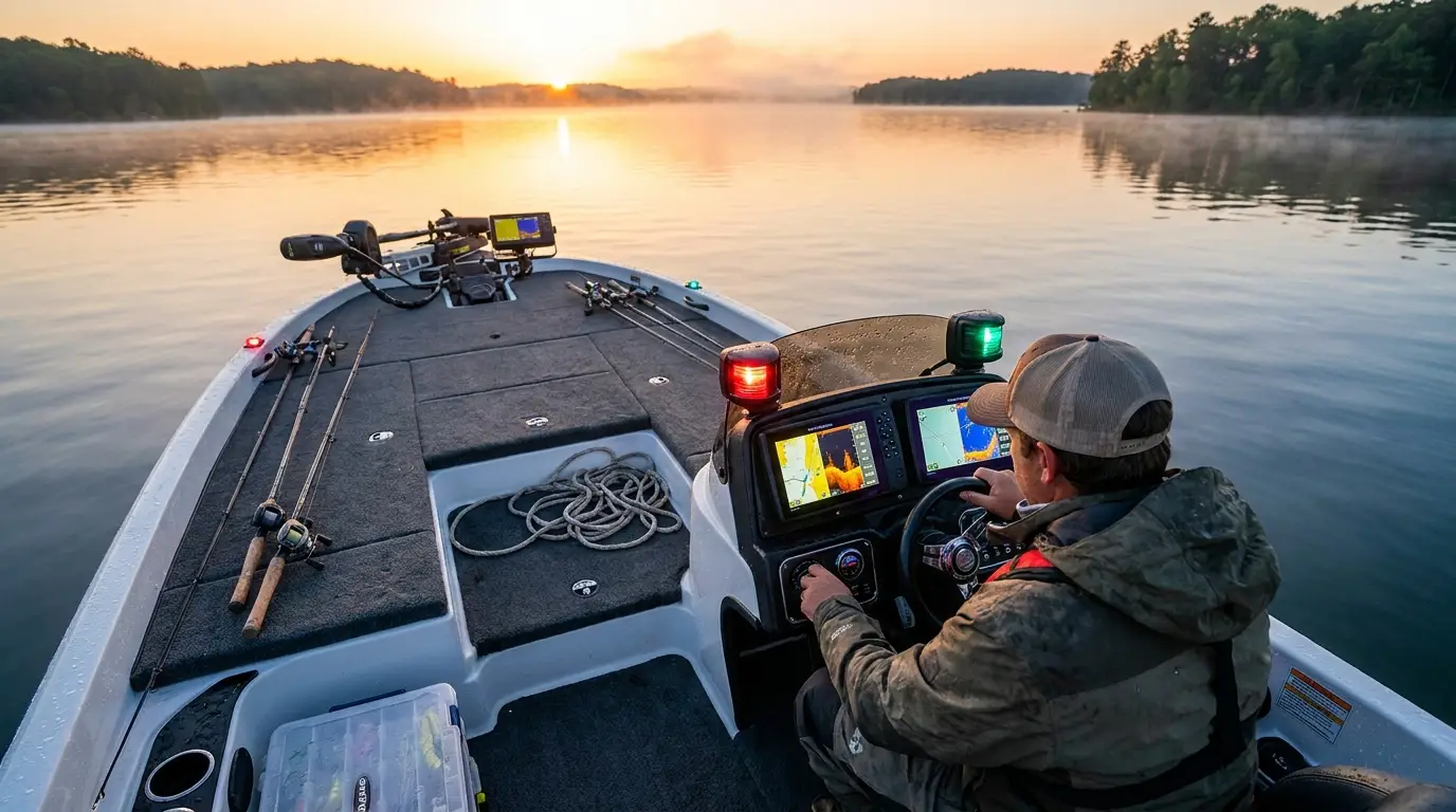 Angler using a fish finder on a bass boat at sunrise