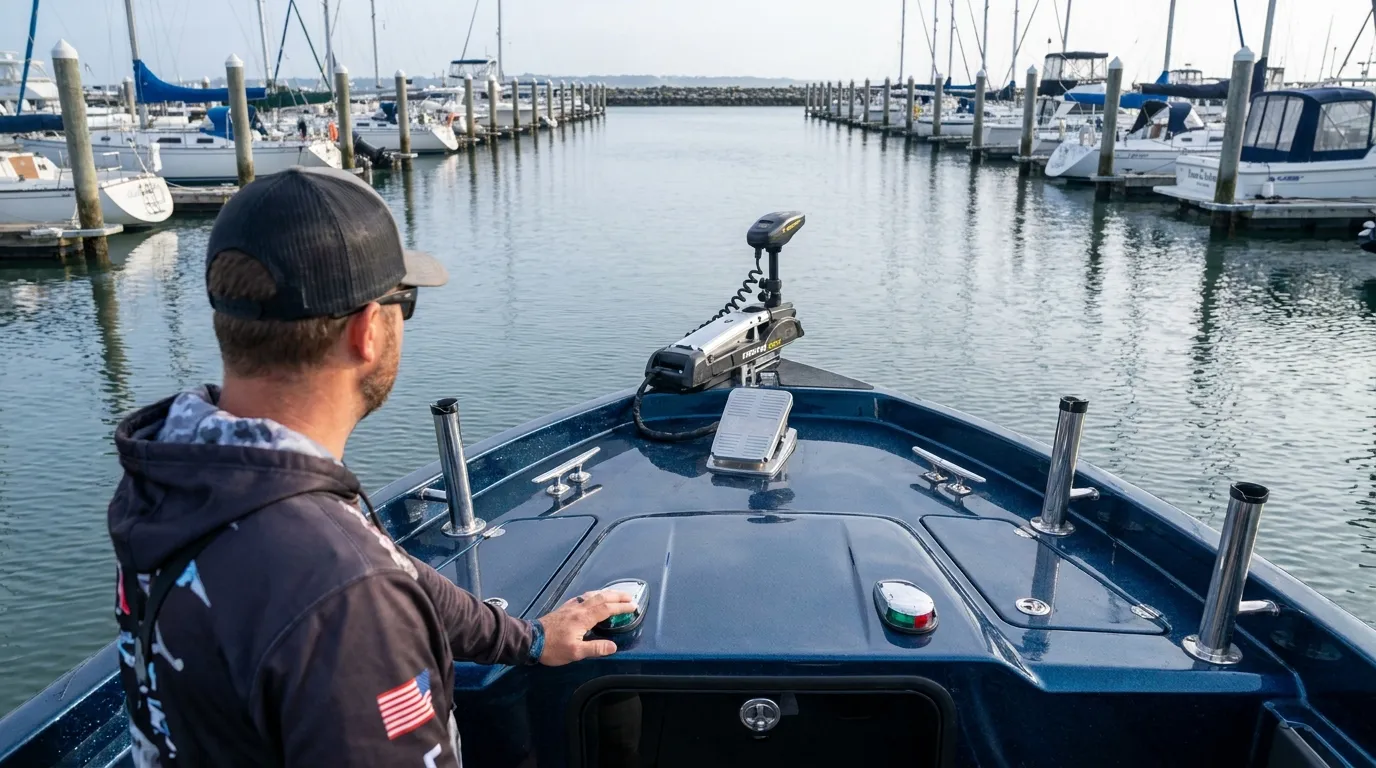 Angler using foot pedal and marine electronics on a bass boat