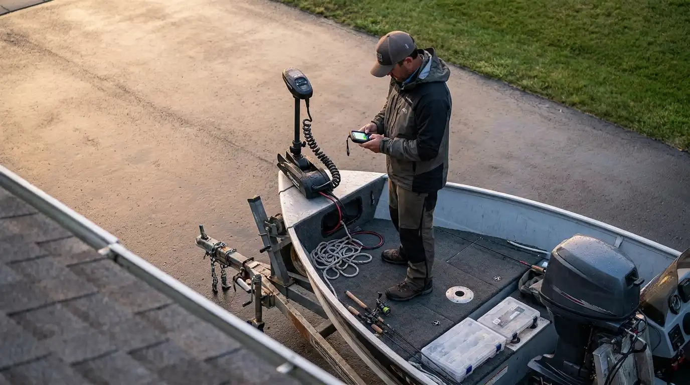 Angler using remote control on a fishing boat