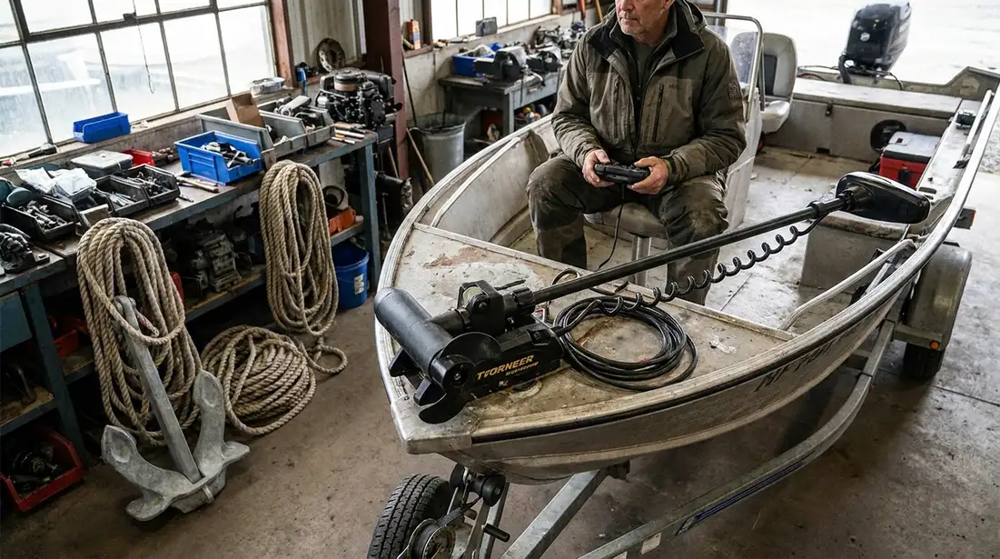 Angler using remote-controlled trolling motor near shoreline