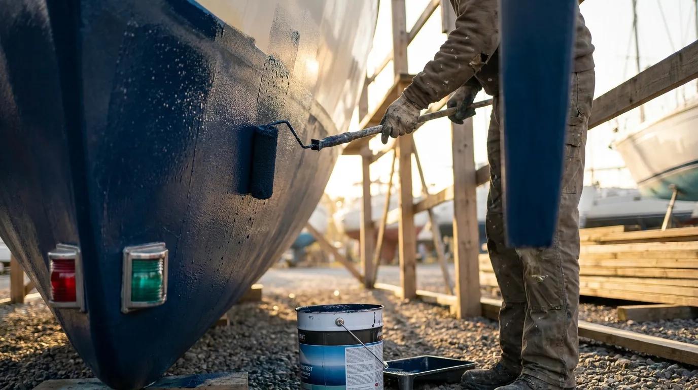 Applying bottom paint with roller at marina boatyard