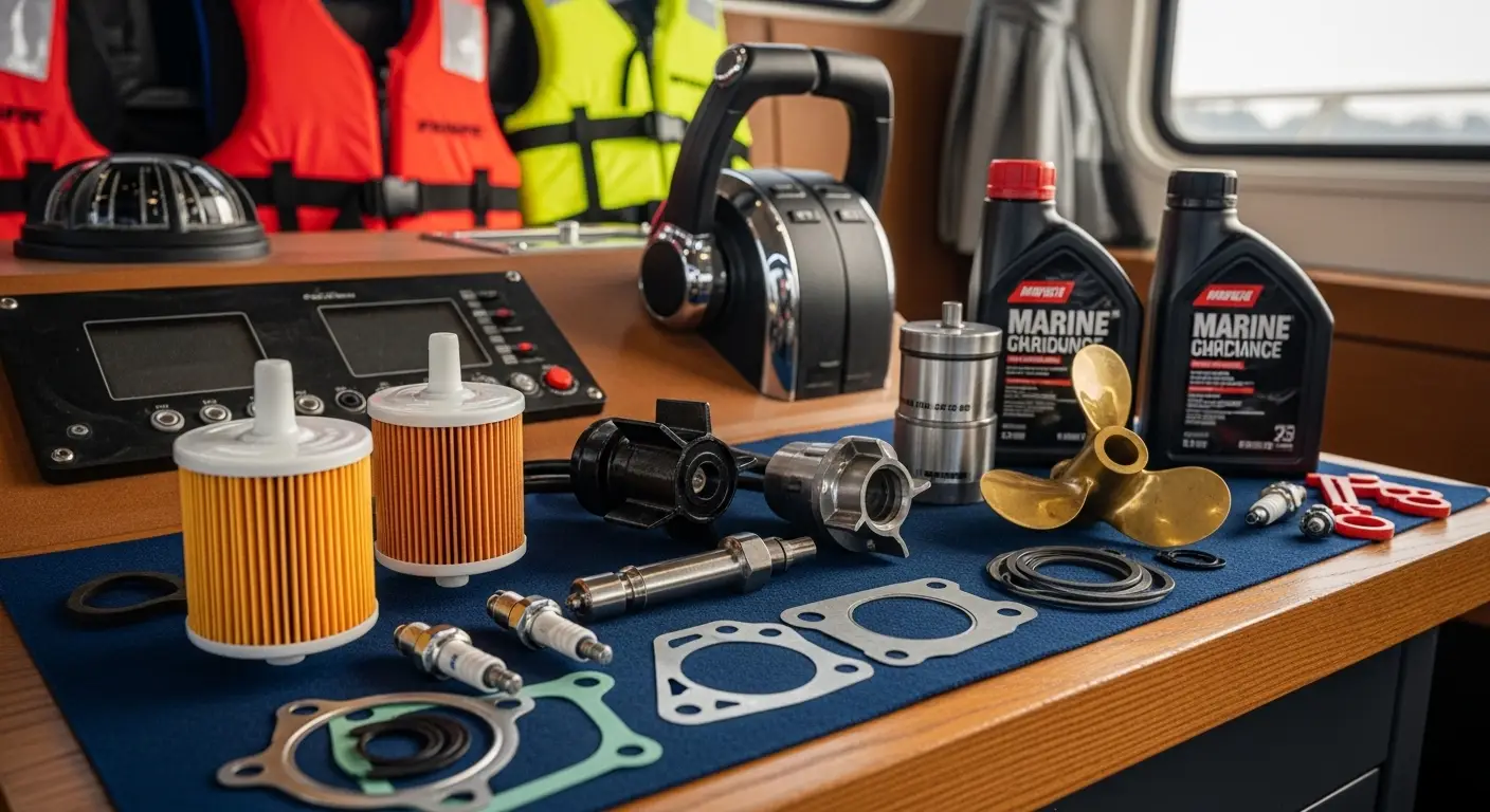 Assorted marine engine parts on a workbench