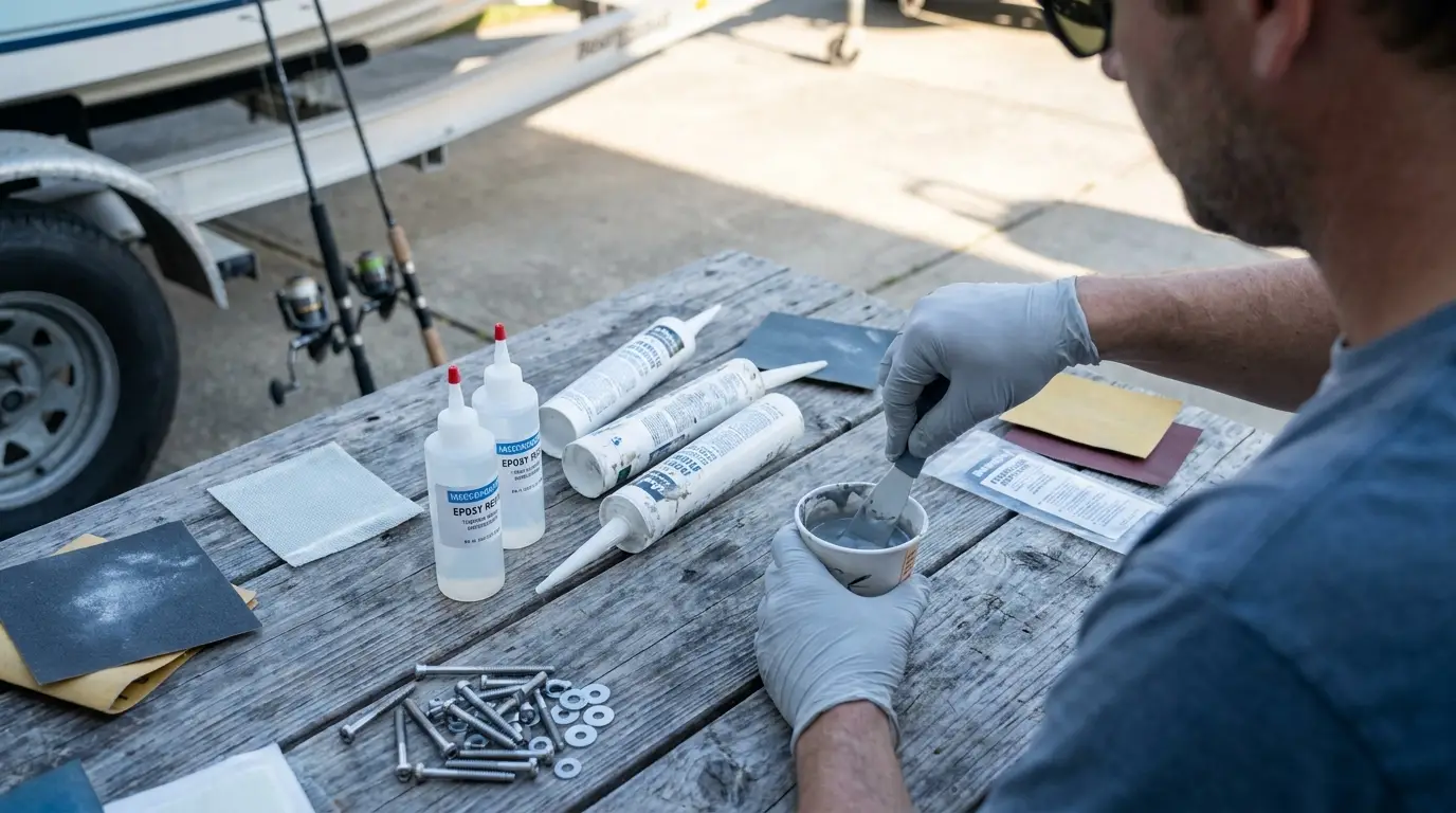 Assorted marine repair materials on workbench beside fiberglass panel