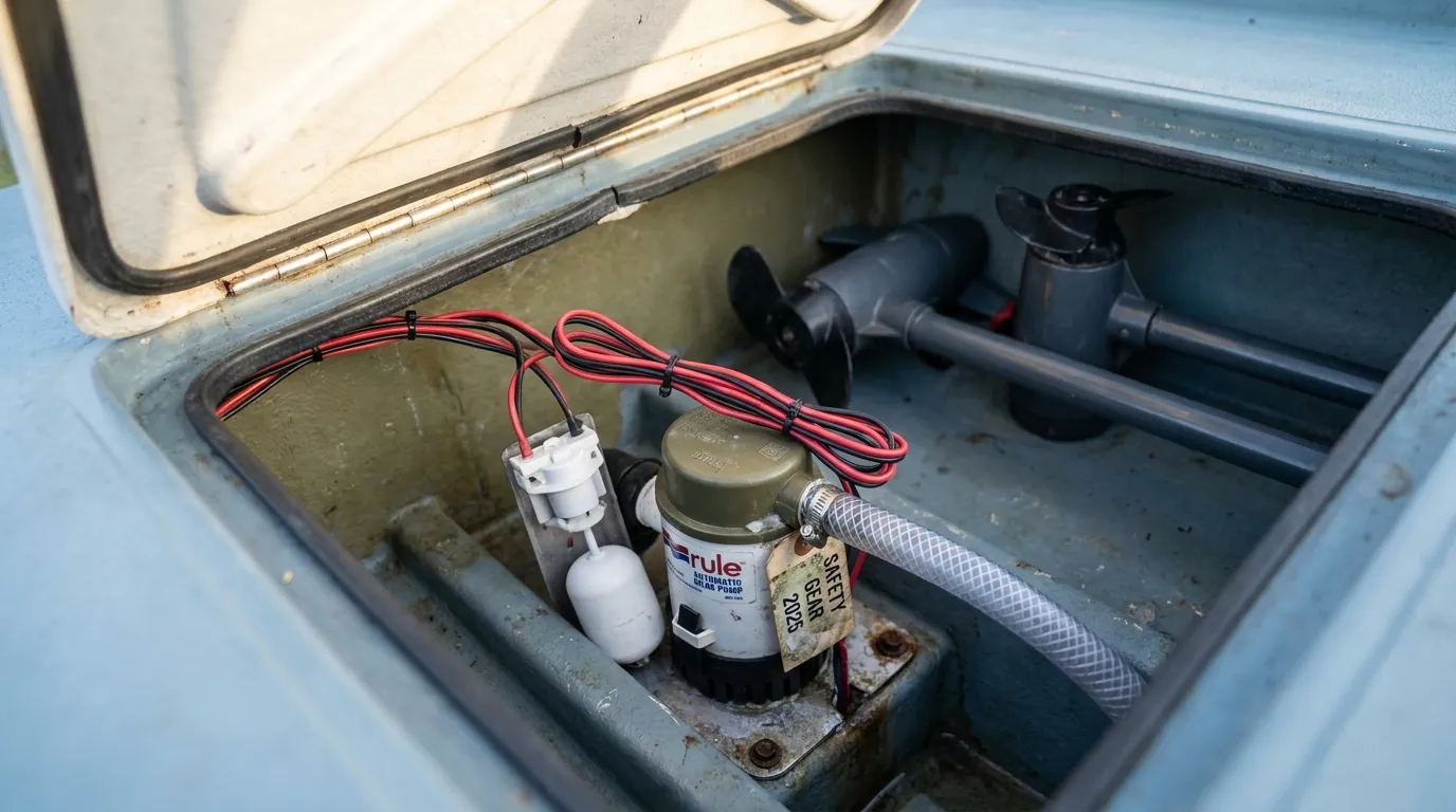 Automatic bilge pump system inside a clean boat bilge compartment
