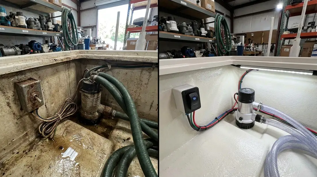 Bilge pump switch mounted in a small boat bilge