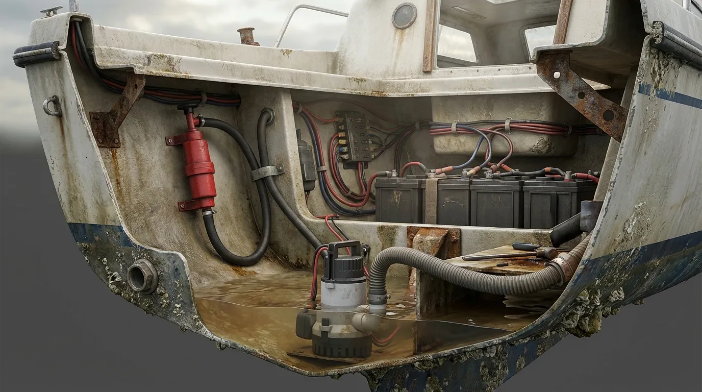 Bilge pump system inside boat hull