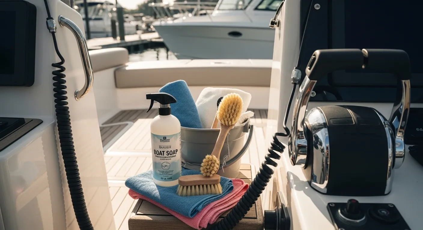 Biodegradable boat soap, microfiber cloths, and soft brushes on dock