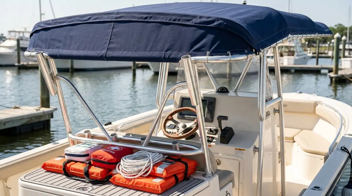 Blue canvas bimini top on a center console boat