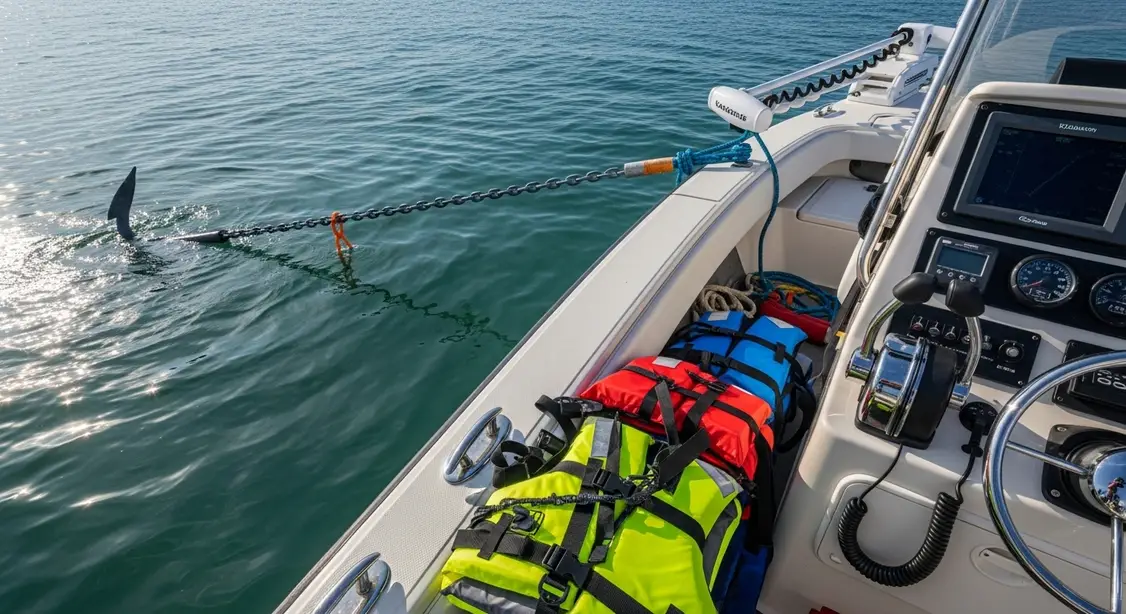 Boat anchor chain and rope rode stretching into clear water